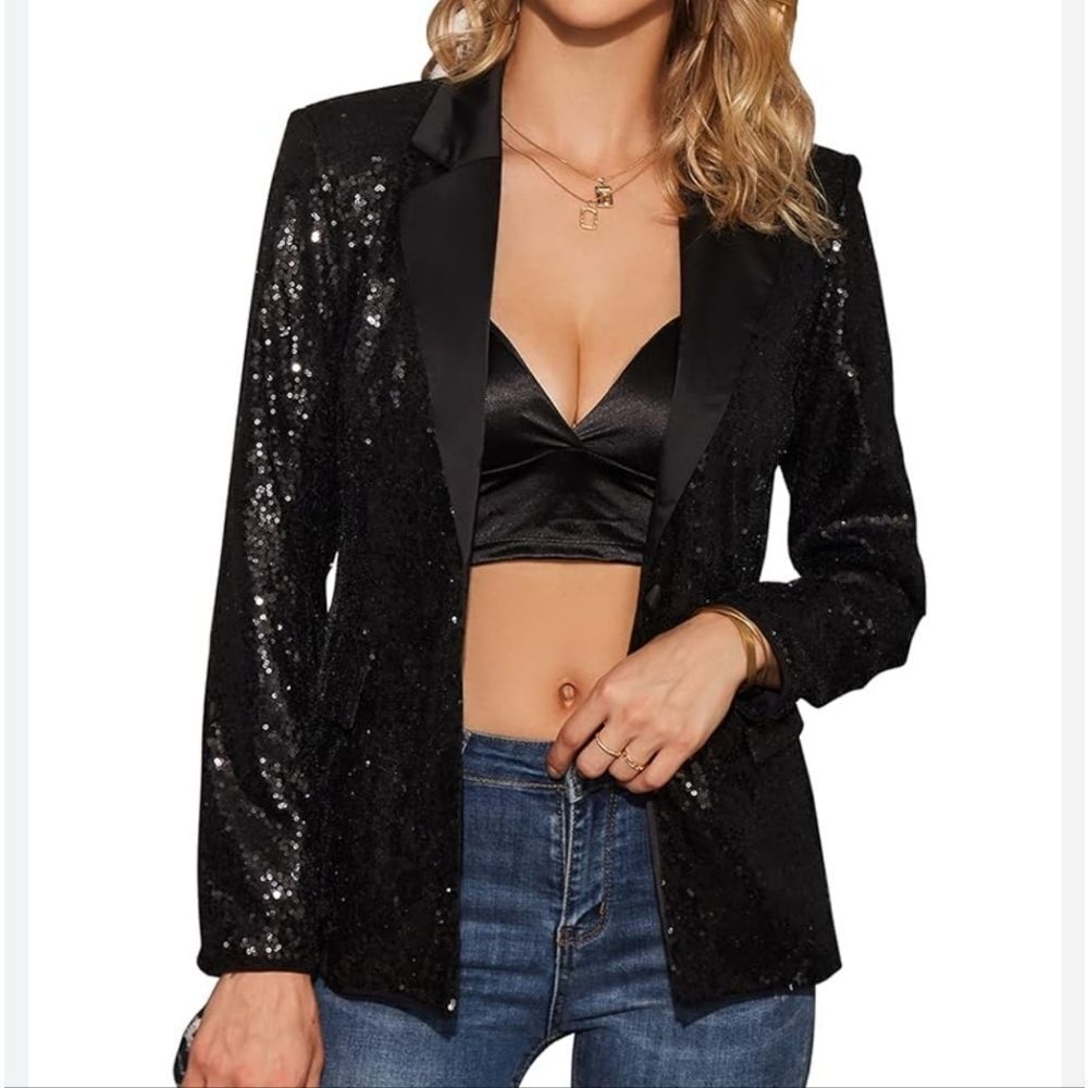 Extro&Vert Glamorous Black Sequin Blazer with Relaxed Fit New With Tags
